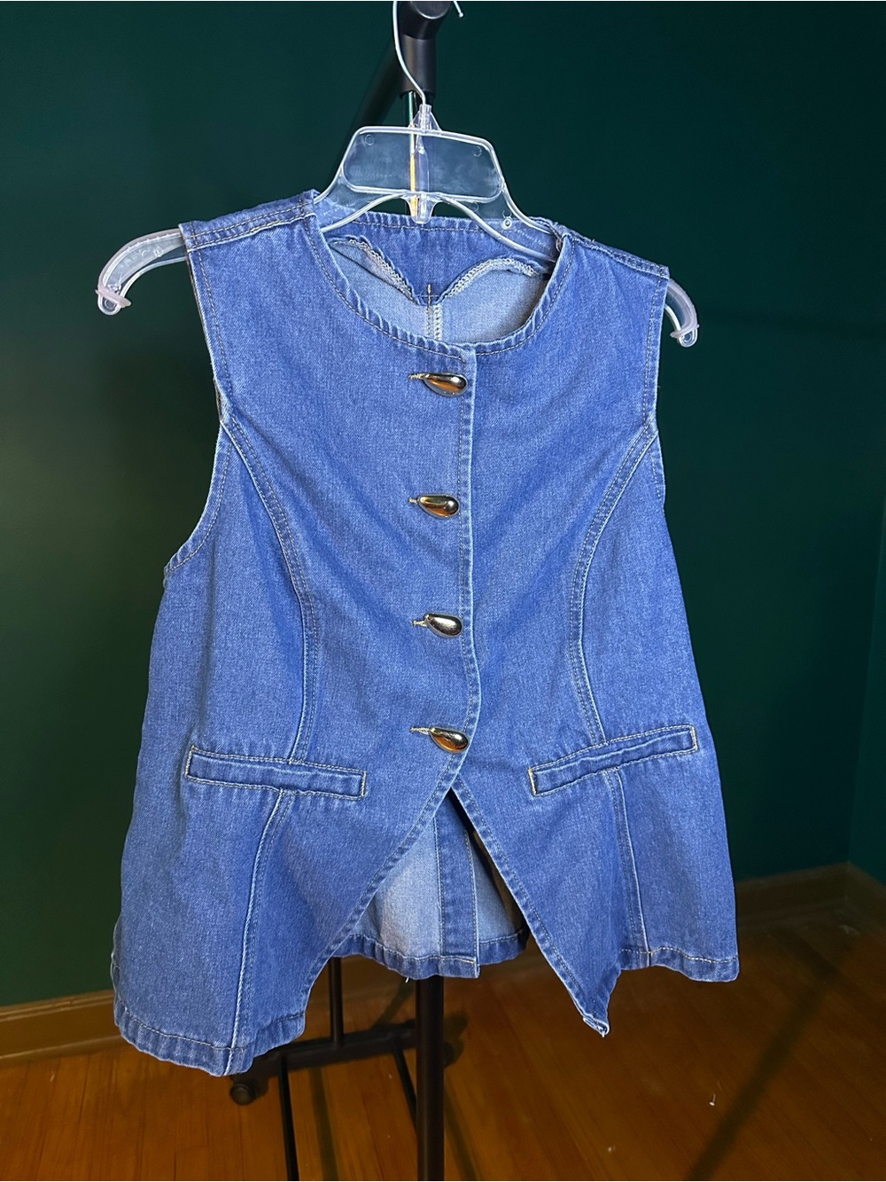 SHEIN Blue Denim Sleeveless Vest with Unique Button Closure